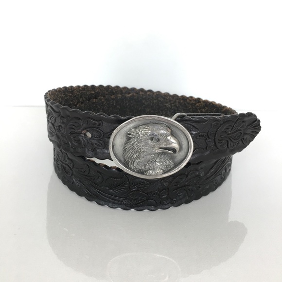 Vintage Bergamot Brass Eagle Buckle & Black Tooled Leather Belt Men’s Size 38